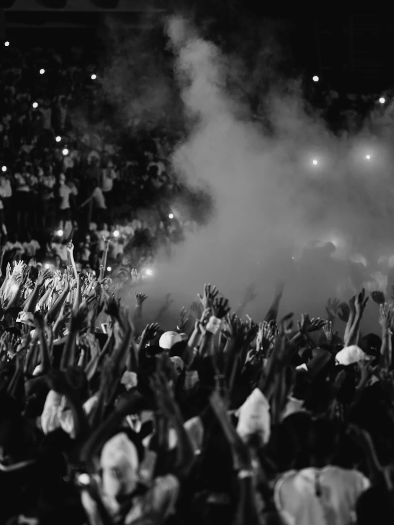 Público con los brazos en alto durante un evento nocturno